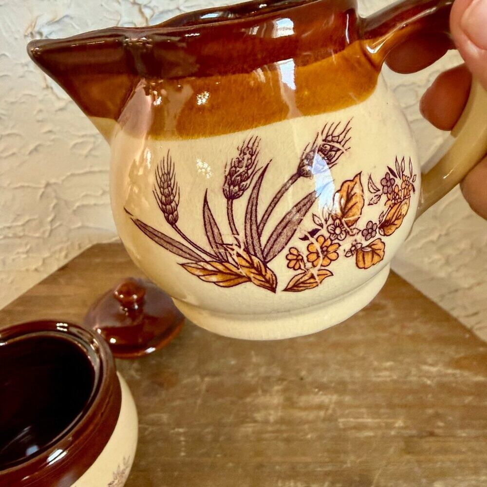 Vintage Stoneware Creamer & Sugar Bowl Set | Brown Drip Glaze Wheat Design - Picture 6 of 11